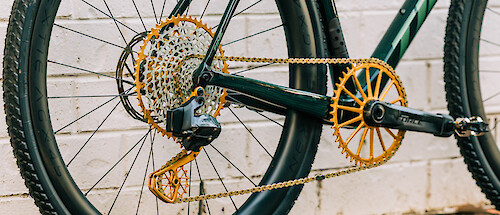 Gold Garbaruk bicycle components fitted to a green Time road bicycle, custom-built by Bio-Mechanics Cycles & Repairs