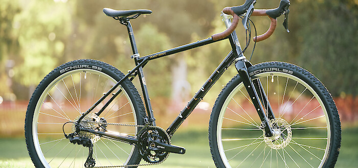 Custom-built Veloci Roadmance steel gravel bicycle by Bio-Mechanics Cycles & Repairs, photographed in a garden setting