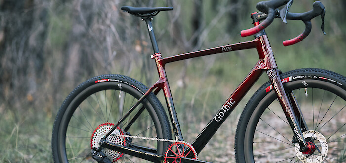 Gothic Cycles carbon gravel bike, custom built, photographed in a dark and leafy forest
